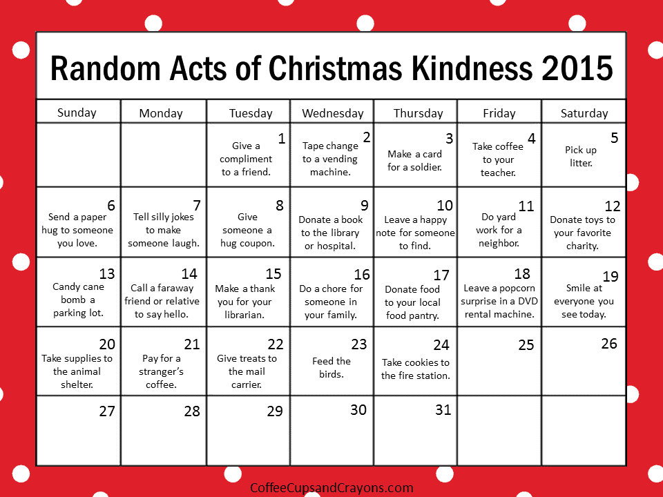 Countdown to Christmas with the 2015 Random Acts of Kindness Printable Calendar